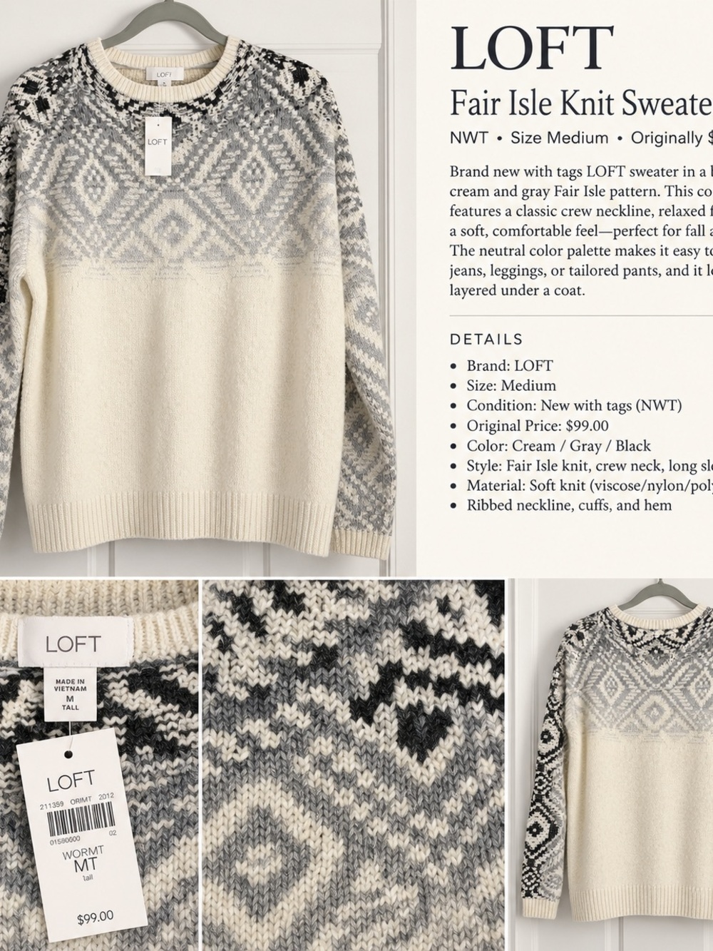 NWT J.Jill Fair Isle Nordic Sweater Ivory Gray Medium Tall $99